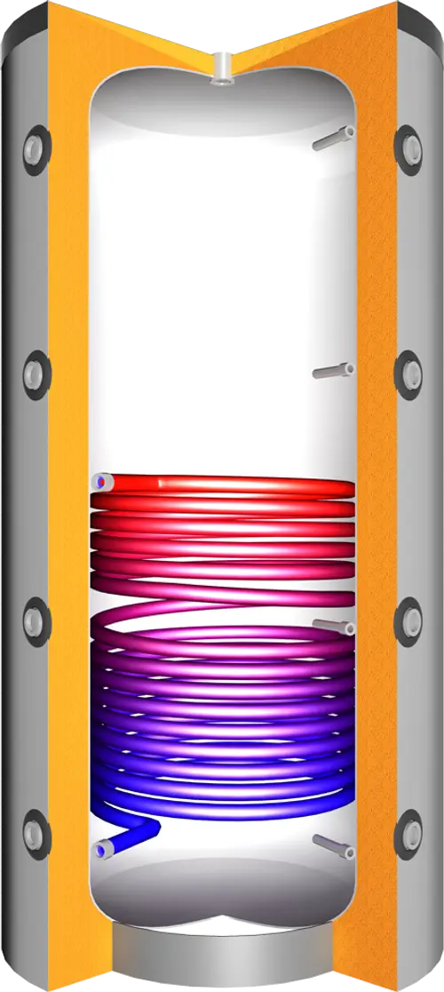 Vertikaler Pufferspeicher mit rot und lila Spiralen für Wärmeübertragung, Teil der Juratherm Produktlinie, mit Anschlussmöglichkeiten in der Front.